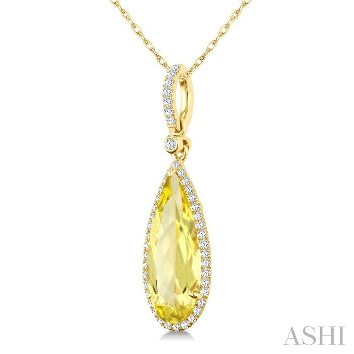 16X6 MM Evoque Gemstones Pear Shape Lemon Quartz and 1/5 Ctw Round Cut Diamond Semi-Precious Pendant With Chain in 10K Yellow Gold