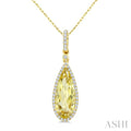 16X6 MM Evoque Gemstones Pear Shape Lemon Quartz and 1/5 Ctw Round Cut Diamond Semi-Precious Pendant With Chain in 10K Yellow Gold