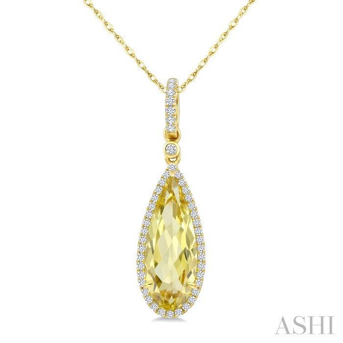 16X6 MM Evoque Gemstones Pear Shape Lemon Quartz and 1/5 Ctw Round Cut Diamond Semi-Precious Pendant With Chain in 10K Yellow Gold