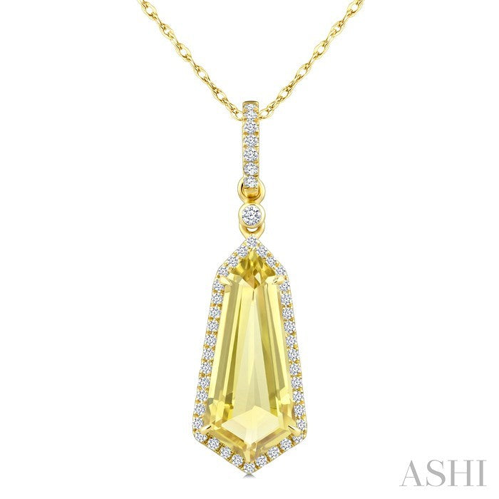 16X7 MM Evoque Gemstones Shield Shape Lemon Quartz and 1/5 Ctw Round Cut Diamond Semi-Precious Pendant With Chain in 10K Yellow Gold