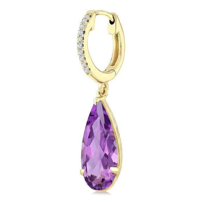 12X5 MM Evoque Gemstones Pear Shape Amethyst and 1/10 Ctw Round Cut Diamond Semi-Precious Earrings in 10K Yellow Gold