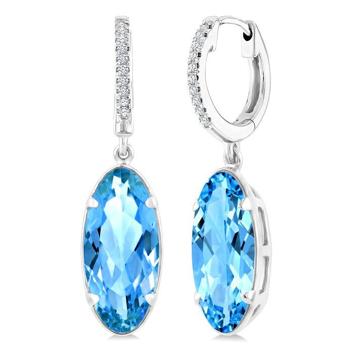 12X5 MM Evoque Gemstones Oval Shape Blue Topaz and 1/10 Ctw Round Cut Diamond Semi-Precious Earrings in 10K White Gold