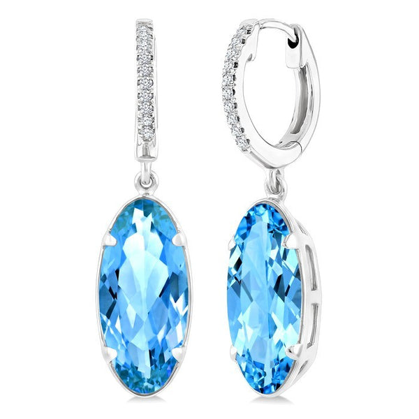 12X5 MM Evoque Gemstones Oval Shape Blue Topaz and 1/10 Ctw Round Cut Diamond Semi-Precious Earrings in 10K White Gold