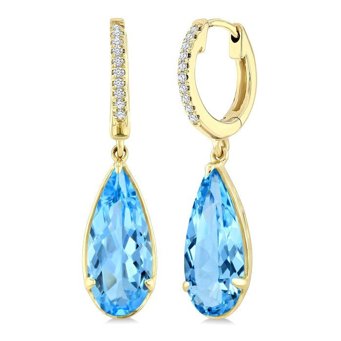 12X5 MM Evoque Gemstones Pear Shape Blue Topaz and 1/10 Ctw Round Cut Diamond Semi-Precious Earrings in 10K Yellow Gold