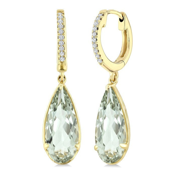 12X5 MM Evoque Gemstones Pear Shape Green Amethyst and 1/10 Ctw Round Cut Diamond Semi-Precious Earrings in 10K Yellow Gold