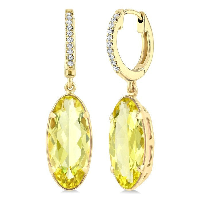 12X5 MM Evoque Gemstones Oval Shape Lemon Quartz and 1/10 Ctw Round Cut Diamond Semi-Precious Earrings in 10K Yellow Gold