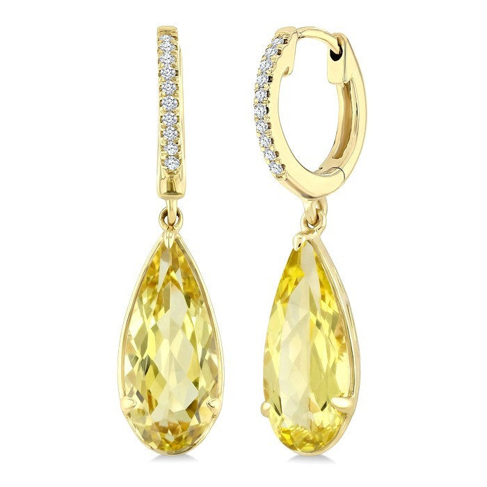 12X5 MM Evoque Gemstones Pear Shape Lemon Quartz and 1/10 Ctw Round Cut Diamond Semi-Precious Earrings in 10K Yellow Gold