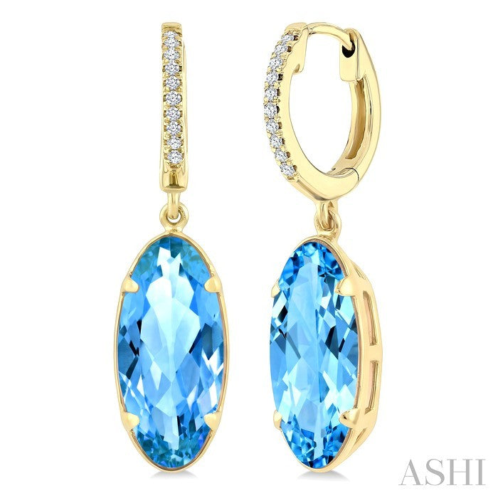 12X5 MM Evoque Gemstones Oval Shape Blue Topaz and 1/10 Ctw Round Cut Diamond Semi-Precious Earrings in 10K Yellow Gold