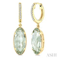12X5 MM Evoque Gemstones Oval Shape Green Amethyst and 1/10 Ctw Round Cut Diamond Semi-Precious Earrings in 10K Yellow Gold