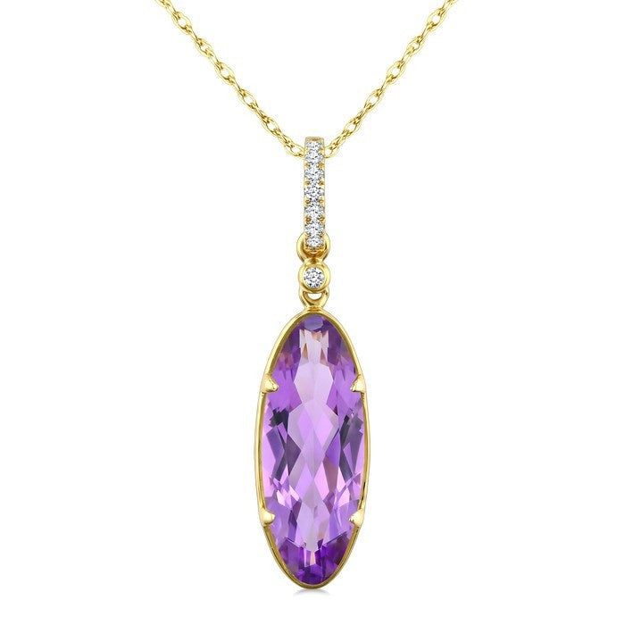 16X6 MM Evoque Gemstones Oval Shape Amethyst and 1/20 Ctw Round Cut Diamond Semi-Precious Pendant With Chain in 10K Yellow Gold
