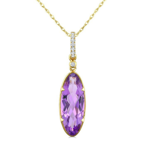 16X6 MM Evoque Gemstones Oval Shape Amethyst and 1/20 Ctw Round Cut Diamond Semi-Precious Pendant With Chain in 10K Yellow Gold