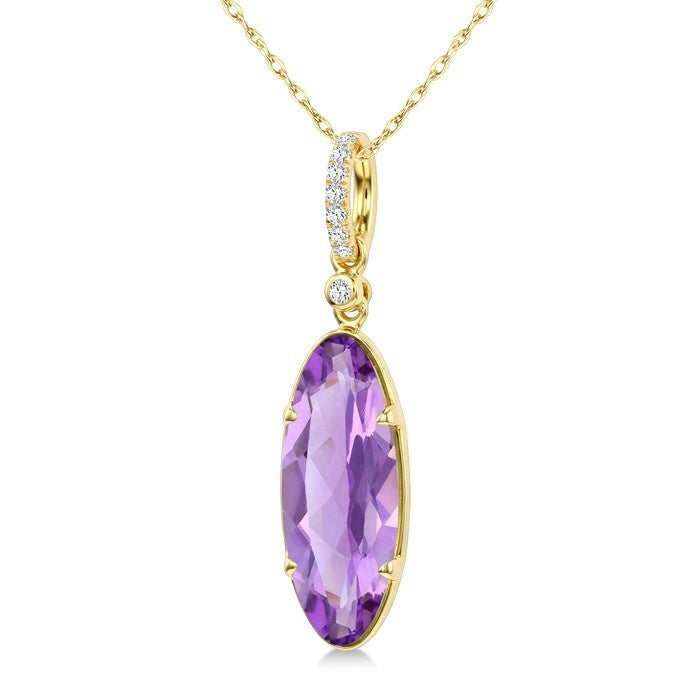 16X6 MM Evoque Gemstones Oval Shape Amethyst and 1/20 Ctw Round Cut Diamond Semi-Precious Pendant With Chain in 10K Yellow Gold