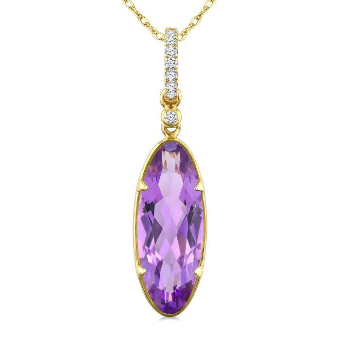 16X6 MM Evoque Gemstones Oval Shape Amethyst and 1/20 Ctw Round Cut Diamond Semi-Precious Pendant With Chain in 10K Yellow Gold