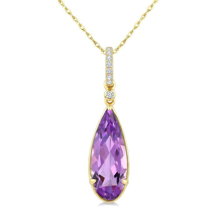 16X6 MM Evoque Gemstones Pear Shape Amethyst and 1/20 Ctw Round Cut Diamond Semi-Precious Pendant With Chain in 10K Yellow Gold