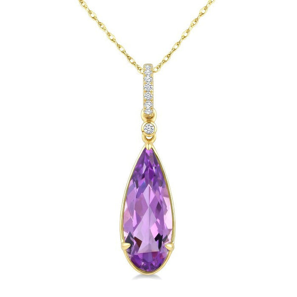 16X6 MM Evoque Gemstones Pear Shape Amethyst and 1/20 Ctw Round Cut Diamond Semi-Precious Pendant With Chain in 10K Yellow Gold