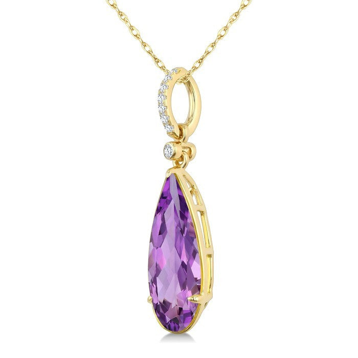 16X6 MM Evoque Gemstones Pear Shape Amethyst and 1/20 Ctw Round Cut Diamond Semi-Precious Pendant With Chain in 10K Yellow Gold