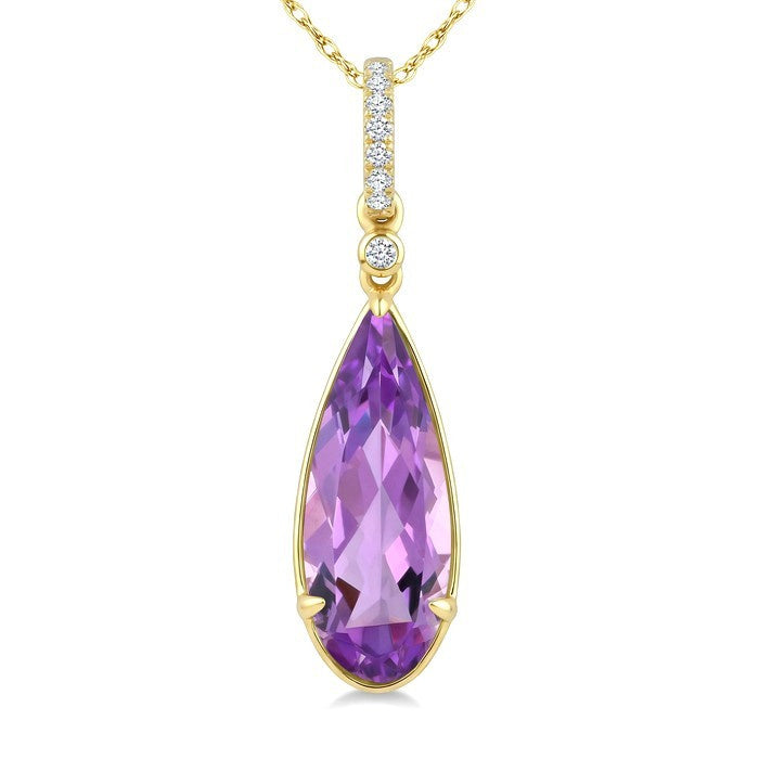 16X6 MM Evoque Gemstones Pear Shape Amethyst and 1/20 Ctw Round Cut Diamond Semi-Precious Pendant With Chain in 10K Yellow Gold