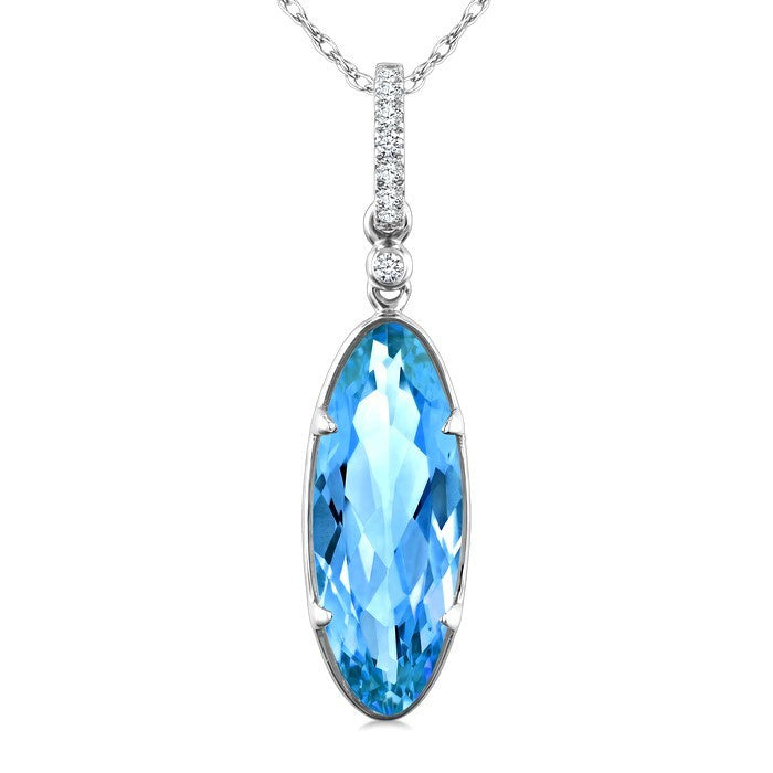 16X6 MM Evoque Gemstones Oval Shape Blue Topaz and 1/20 Ctw Round Cut Diamond Semi-Precious Pendant With Chain in 10K White Gold