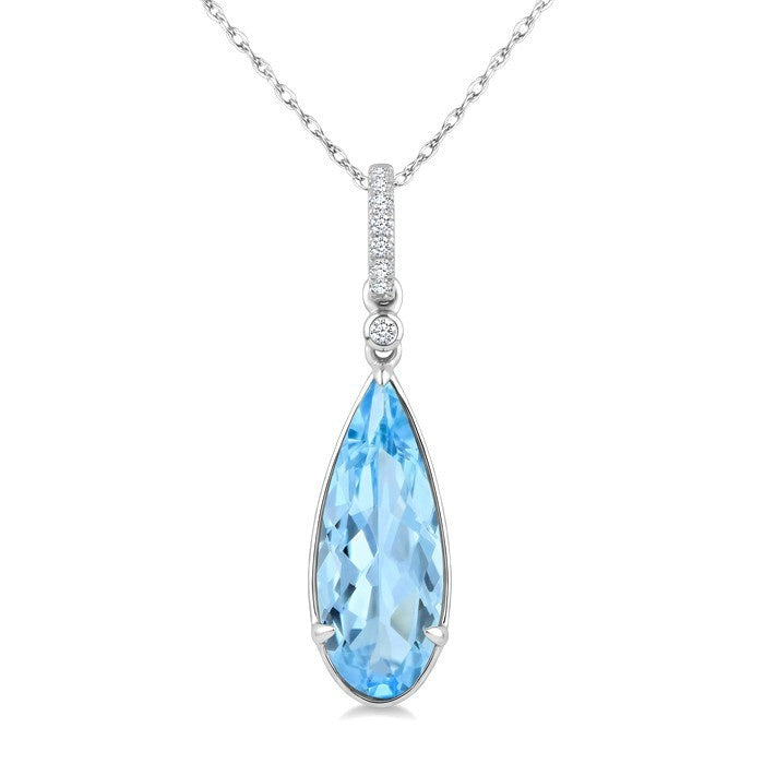 16X6 MM Evoque Gemstones Pear Shape Blue Topaz and 1/20 Ctw Round Cut Diamond Semi-Precious Pendant With Chain in 10K White Gold