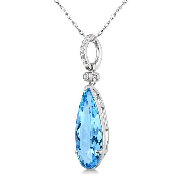 16X6 MM Evoque Gemstones Pear Shape Blue Topaz and 1/20 Ctw Round Cut Diamond Semi-Precious Pendant With Chain in 10K White Gold