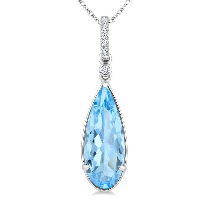 16X6 MM Evoque Gemstones Pear Shape Blue Topaz and 1/20 Ctw Round Cut Diamond Semi-Precious Pendant With Chain in 10K White Gold