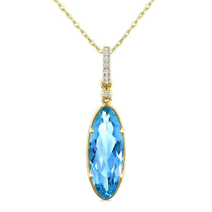 16X6 MM Evoque Gemstones Oval Shape Blue Topaz and 1/20 Ctw Round Cut Diamond Semi-Precious Pendant With Chain in 10K Yellow Gold
