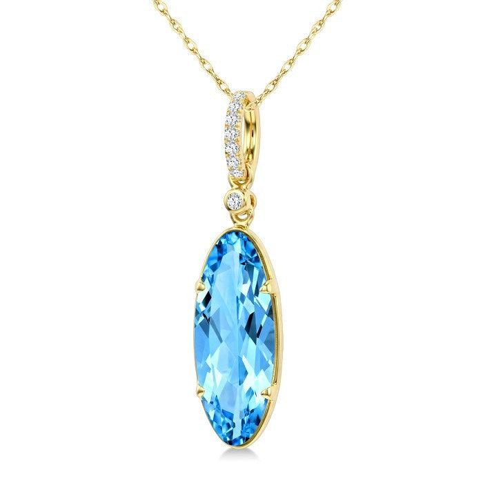 16X6 MM Evoque Gemstones Oval Shape Blue Topaz and 1/20 Ctw Round Cut Diamond Semi-Precious Pendant With Chain in 10K Yellow Gold