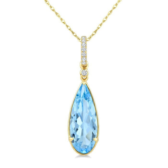 16X6 MM Evoque Gemstones Pear Shape Blue Topaz and 1/20 Ctw Round Cut Diamond Semi-Precious Pendant With Chain in 10K Yellow Gold