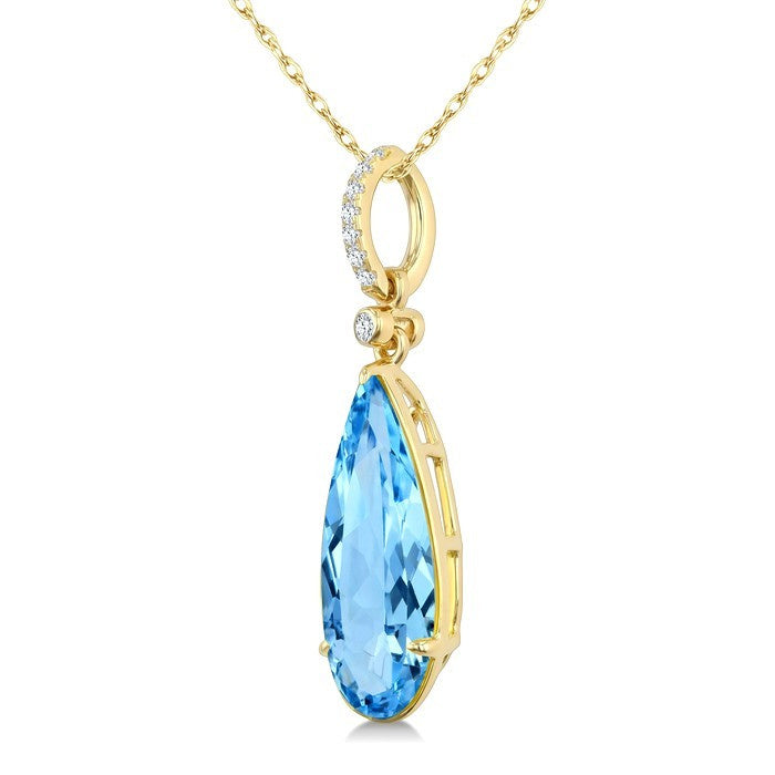 16X6 MM Evoque Gemstones Pear Shape Blue Topaz and 1/20 Ctw Round Cut Diamond Semi-Precious Pendant With Chain in 10K Yellow Gold