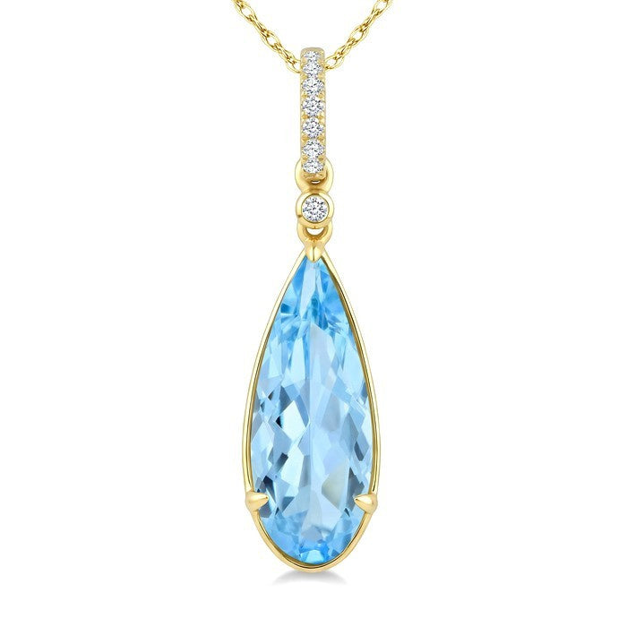 16X6 MM Evoque Gemstones Pear Shape Blue Topaz and 1/20 Ctw Round Cut Diamond Semi-Precious Pendant With Chain in 10K Yellow Gold