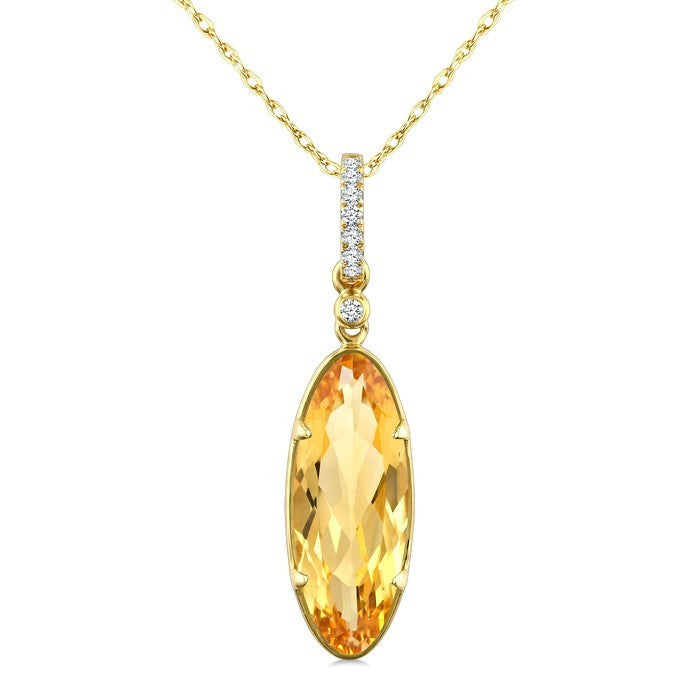 16X6 MM Evoque Gemstone Oval Shape Citrine and 1/20 Ctw Round Cut Diamond Semi-Precious Pendant With Chain in 10K Yellow Gold