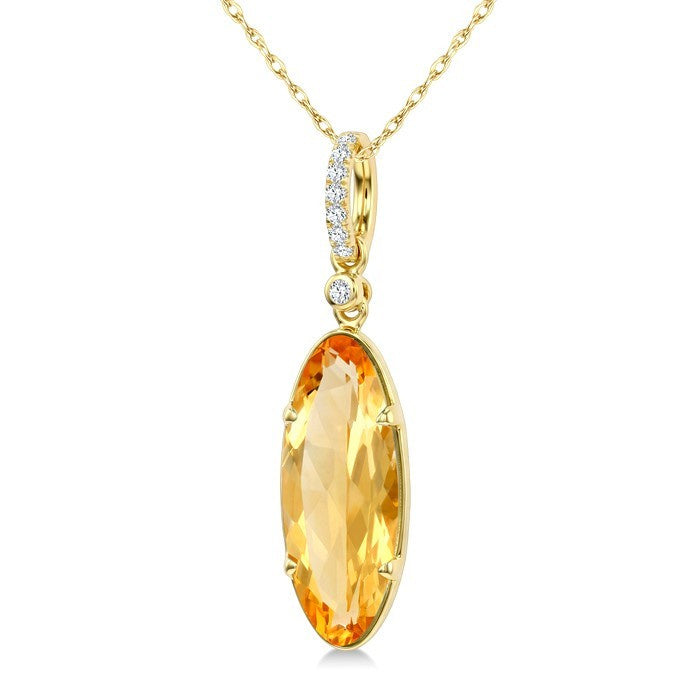 16X6 MM Evoque Gemstone Oval Shape Citrine and 1/20 Ctw Round Cut Diamond Semi-Precious Pendant With Chain in 10K Yellow Gold