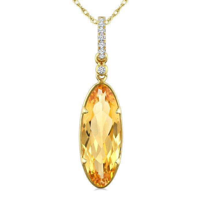 16X6 MM Evoque Gemstone Oval Shape Citrine and 1/20 Ctw Round Cut Diamond Semi-Precious Pendant With Chain in 10K Yellow Gold