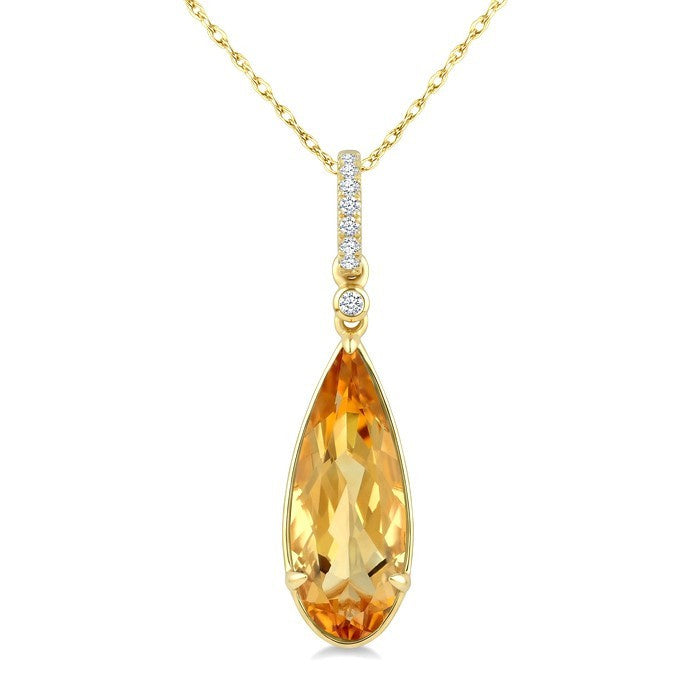 16X6 MM Evoque Gemstone Pear Shape Citrine and 1/20 Ctw Round Cut Diamond Semi-Precious Pendant With Chain in 10K Yellow Gold
