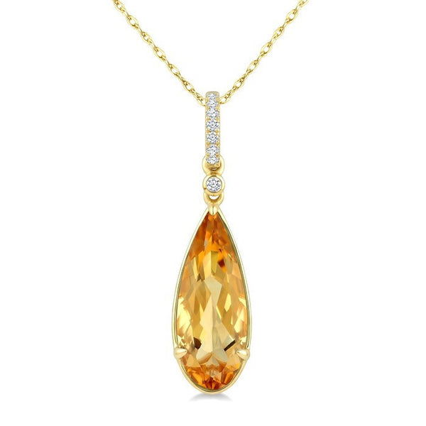 16X6 MM Evoque Gemstone Pear Shape Citrine and 1/20 Ctw Round Cut Diamond Semi-Precious Pendant With Chain in 10K Yellow Gold