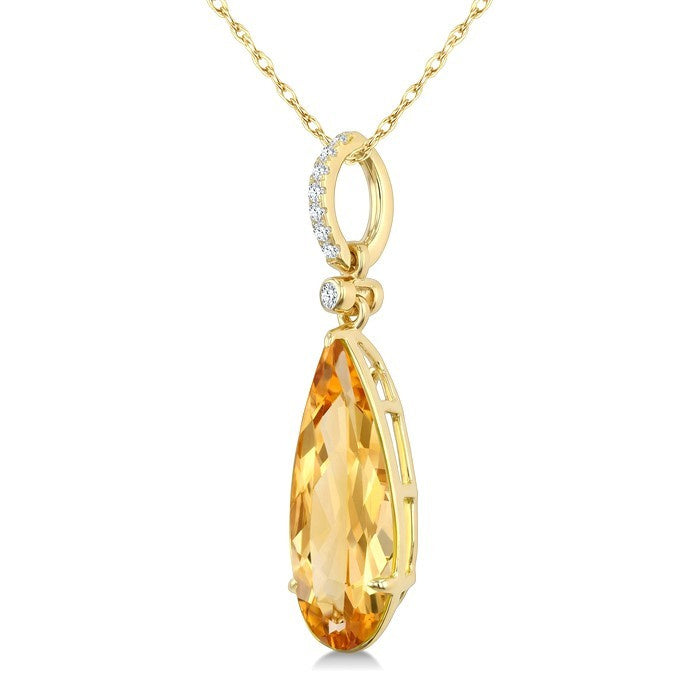 16X6 MM Evoque Gemstone Pear Shape Citrine and 1/20 Ctw Round Cut Diamond Semi-Precious Pendant With Chain in 10K Yellow Gold