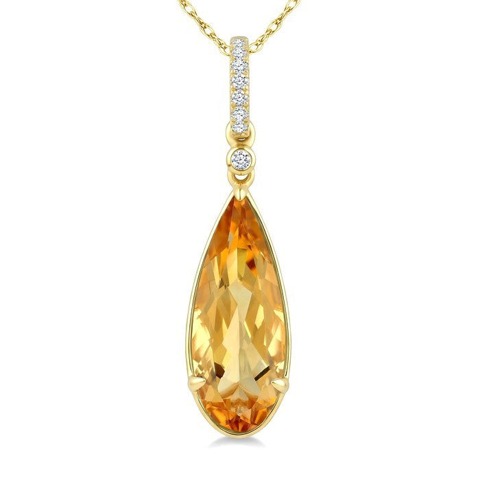 16X6 MM Evoque Gemstone Pear Shape Citrine and 1/20 Ctw Round Cut Diamond Semi-Precious Pendant With Chain in 10K Yellow Gold