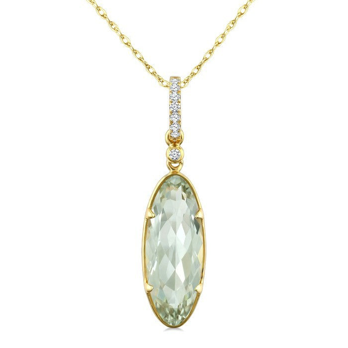 16X6 MM Evoque Gemstone Oval Shape Green Amethyst and 1/20 Ctw Round Cut Diamond Semi-Precious Pendant With Chain in 10K Yellow Gold