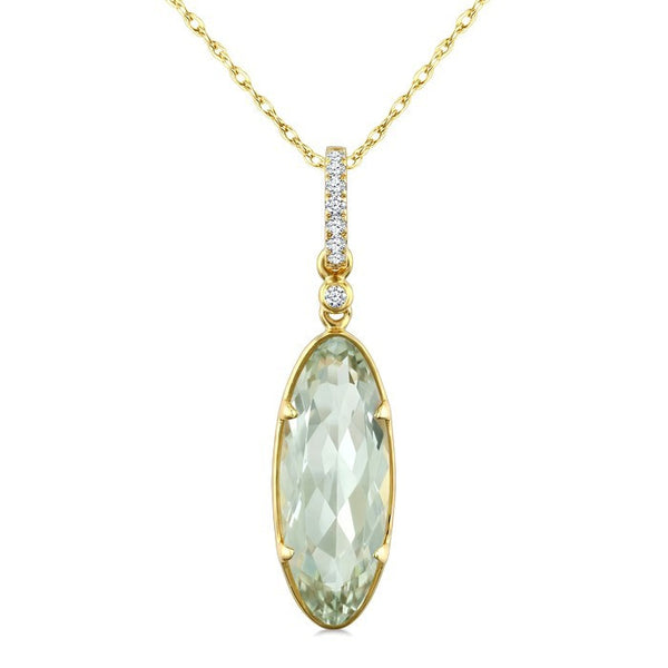 16X6 MM Evoque Gemstone Oval Shape Green Amethyst and 1/20 Ctw Round Cut Diamond Semi-Precious Pendant With Chain in 10K Yellow Gold
