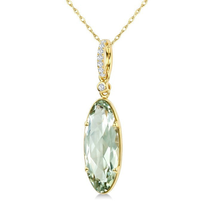 16X6 MM Evoque Gemstone Oval Shape Green Amethyst and 1/20 Ctw Round Cut Diamond Semi-Precious Pendant With Chain in 10K Yellow Gold