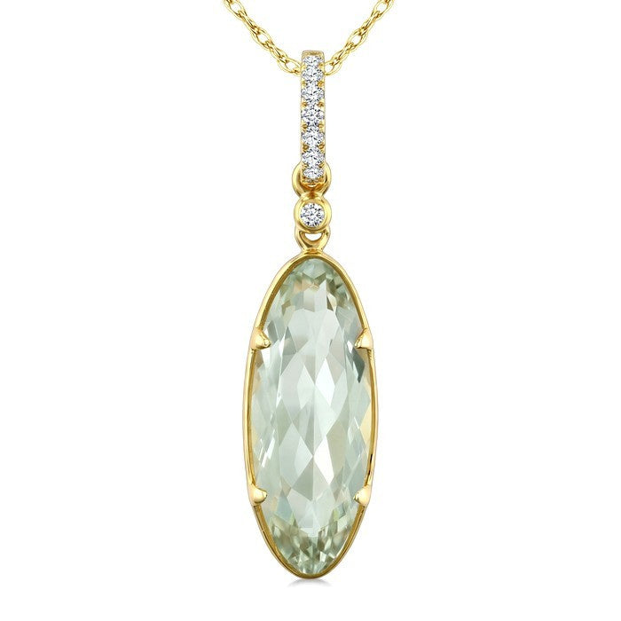 16X6 MM Evoque Gemstone Oval Shape Green Amethyst and 1/20 Ctw Round Cut Diamond Semi-Precious Pendant With Chain in 10K Yellow Gold