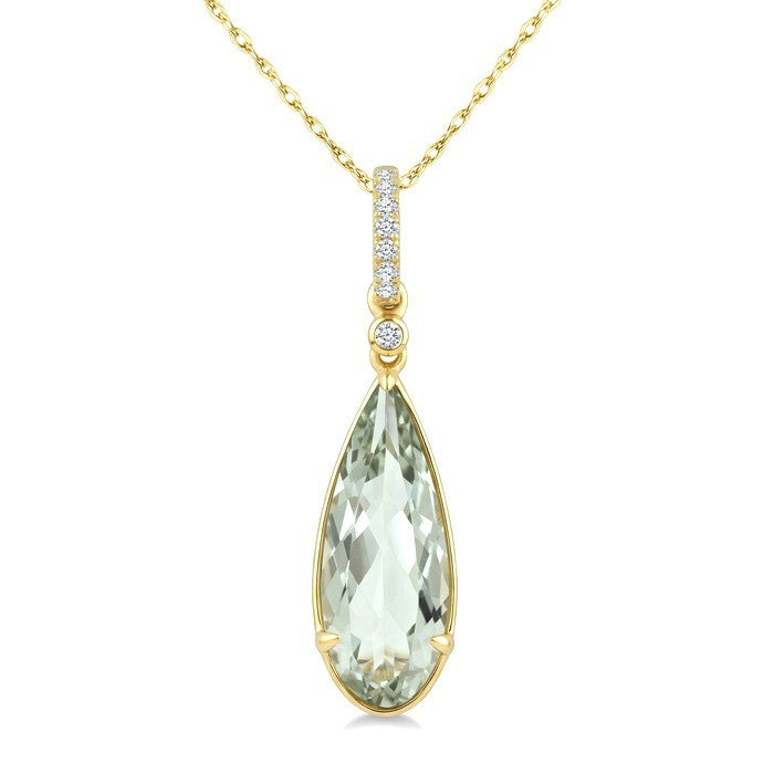 16X6 MM Evoque Gemstone Pear Shape Green Amethyst and 1/20 Ctw Round Cut Diamond Semi-Precious Pendant With Chain in 10K Yellow Gold