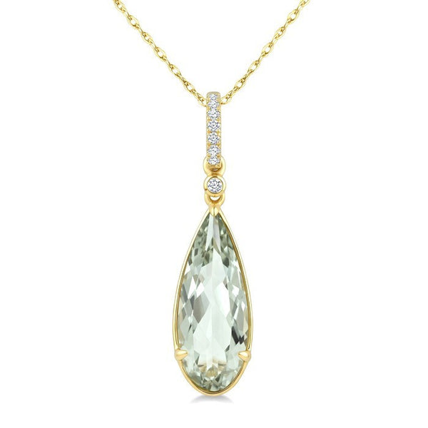16X6 MM Evoque Gemstone Pear Shape Green Amethyst and 1/20 Ctw Round Cut Diamond Semi-Precious Pendant With Chain in 10K Yellow Gold