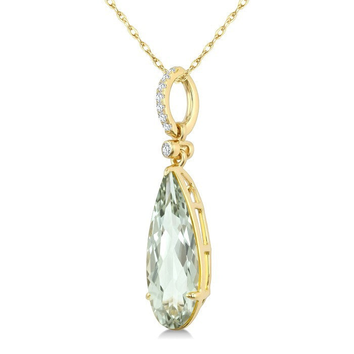 16X6 MM Evoque Gemstone Pear Shape Green Amethyst and 1/20 Ctw Round Cut Diamond Semi-Precious Pendant With Chain in 10K Yellow Gold