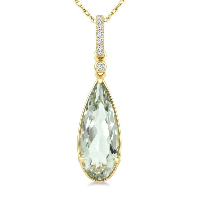 16X6 MM Evoque Gemstone Pear Shape Green Amethyst and 1/20 Ctw Round Cut Diamond Semi-Precious Pendant With Chain in 10K Yellow Gold