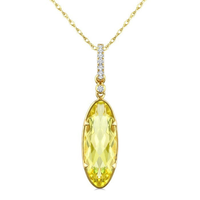 16X6 MM Evoque Gemstones Oval Shape Lemon Quartz and 1/20 Ctw Round Cut Diamond Semi-Precious Pendant With Chain in 10K Yellow Gold