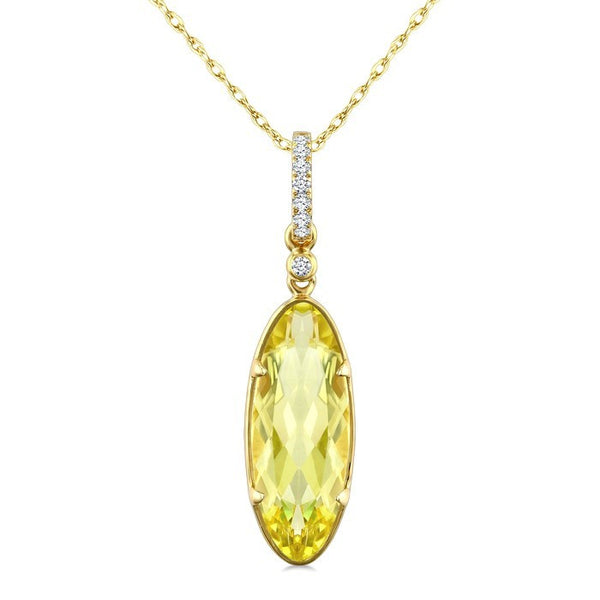 16X6 MM Evoque Gemstones Oval Shape Lemon Quartz and 1/20 Ctw Round Cut Diamond Semi-Precious Pendant With Chain in 10K Yellow Gold