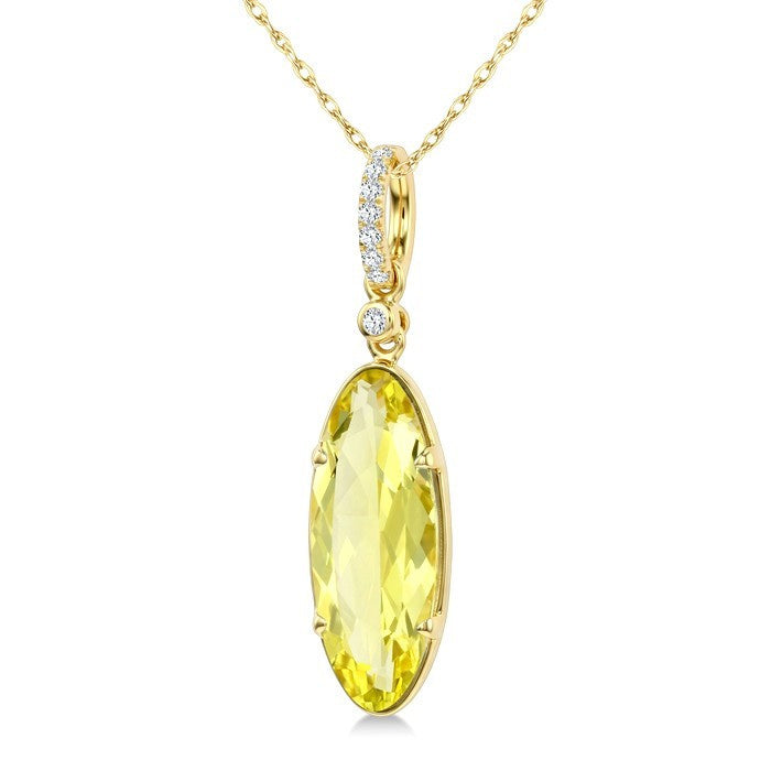 16X6 MM Evoque Gemstones Oval Shape Lemon Quartz and 1/20 Ctw Round Cut Diamond Semi-Precious Pendant With Chain in 10K Yellow Gold
