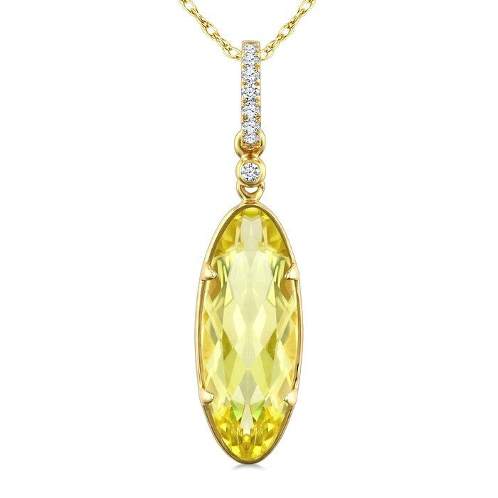 16X6 MM Evoque Gemstones Oval Shape Lemon Quartz and 1/20 Ctw Round Cut Diamond Semi-Precious Pendant With Chain in 10K Yellow Gold