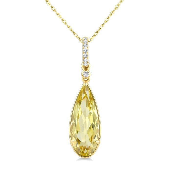 16X6 MM Evoque Gemstones Pear Shape Lemon Quartz and 1/20 Ctw Round Cut Diamond Semi-Precious Pendant With Chain in 10K Yellow Gold